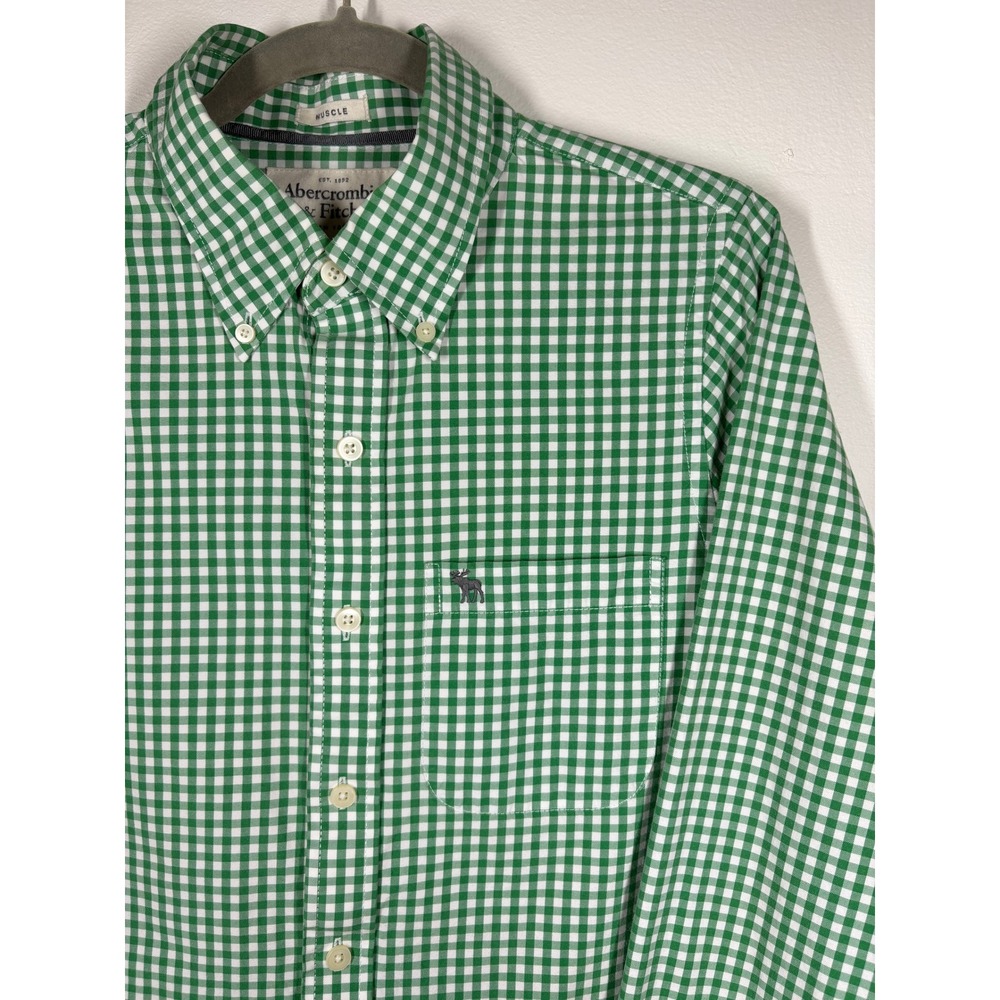 Abercrombie & Fitch Mens Shirt Medium Green Gingham Muscle Fit Preppy Academic